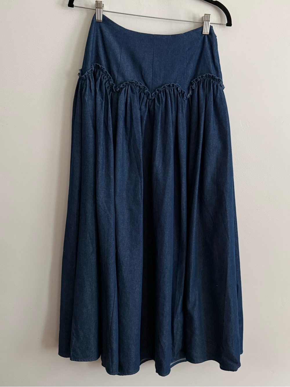 Mare Mare Chambray Ruffle Yoke Midi Skirt Blue Cotton Blend XS - Picture 3 of 6